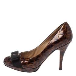 Pre Owned Salvatore Ferragamo Brown Animal Print Quilted Patent Leather Vara Bow Pumps Size 36.5