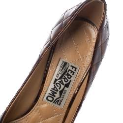 Pre Owned Salvatore Ferragamo Brown Animal Print Quilted Patent Leather Vara Bow Pumps Size 36.5