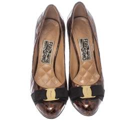 Pre Owned Salvatore Ferragamo Brown Animal Print Quilted Patent Leather Vara Bow Pumps Size 36.5