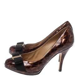 Pre Owned Salvatore Ferragamo Brown Animal Print Quilted Patent Leather Vara Bow Pumps Size 36.5