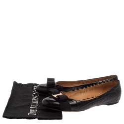 Pre Owned Salvatore Ferragamo Black Croc Embossed Leather Vara Bow Flats Size 37.5
