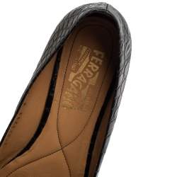 Pre Owned Salvatore Ferragamo Black Croc Embossed Leather Vara Bow Flats Size 37.5