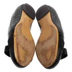 Pre Owned Salvatore Ferragamo Black Croc Embossed Leather Vara Bow Flats Size 37.5