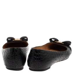 Pre Owned Salvatore Ferragamo Black Croc Embossed Leather Vara Bow Flats Size 37.5