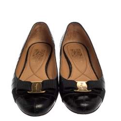 Pre Owned Salvatore Ferragamo Black Croc Embossed Leather Vara Bow Flats Size 37.5