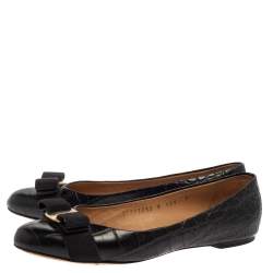 Pre Owned Salvatore Ferragamo Black Croc Embossed Leather Vara Bow Flats Size 37.5