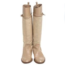 Pre Owned Salvatore Ferragamo Beige Canvas And Leather  Calipso Knee High Boots Size 39.5