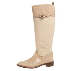 Pre Owned Salvatore Ferragamo Beige Canvas And Leather  Calipso Knee High Boots Size 39.5