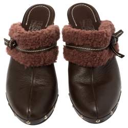 Salvatore Ferragamo Brown Leather And Faux Fur Studded Clog Mules Size 38.5
