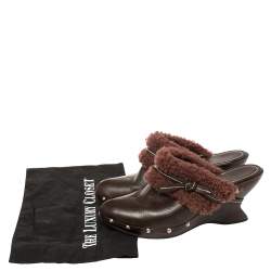 Salvatore Ferragamo Brown Leather And Faux Fur Studded Clog Mules Size 38.5