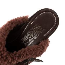 Salvatore Ferragamo Brown Leather And Faux Fur Studded Clog Mules Size 38.5