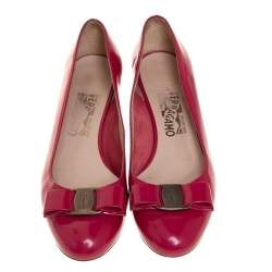 Pre Owned Salvatore Ferragamo Pink Leather Vara Bow Block Heel Pumps Size 38.5