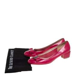 Pre Owned Salvatore Ferragamo Pink Leather Vara Bow Block Heel Pumps Size 38.5