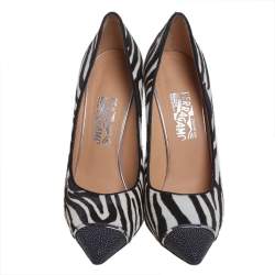 Salvatore Ferragamo Black/White Zebra Print Calf Hair And Stingray Leather Pumps Size 40