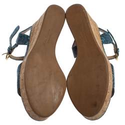 Salvatore Ferragamo Blue Lizard Embossed Leather Madea Cork Wedge Sandals Size 35.5