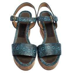 Salvatore Ferragamo Blue Lizard Embossed Leather Madea Cork Wedge Sandals Size 35.5