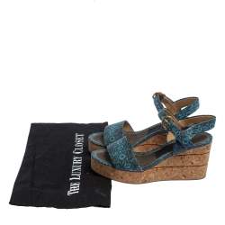 Salvatore Ferragamo Blue Lizard Embossed Leather Madea Cork Wedge Sandals Size 35.5