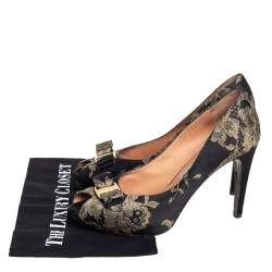 Pre Owned Salvatore Ferragamo Black Brocade Peep Toe Bow Pumps Size 40.5