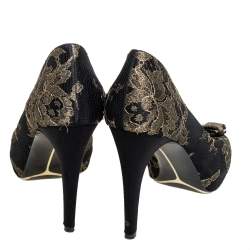 Pre Owned Salvatore Ferragamo Black Brocade Peep Toe Bow Pumps Size 40.5