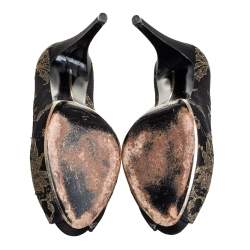 Pre Owned Salvatore Ferragamo Black Brocade Peep Toe Bow Pumps Size 40.5