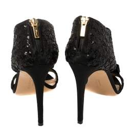 Salvatore Ferragamo Black Sequins And Satin Vara Bow Ankle Strap Sandals Size 38.5
