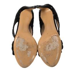 Salvatore Ferragamo Black Sequins And Satin Vara Bow Ankle Strap Sandals Size 38.5