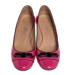 Pre Owned Salvatore Ferragamo Pink Patent Leather Bow Cap Toe Pumps Size 39.5