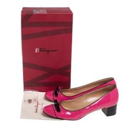 Pre Owned Salvatore Ferragamo Pink Patent Leather Bow Cap Toe Pumps Size 39.5