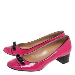Pre Owned Salvatore Ferragamo Pink Patent Leather Bow Cap Toe Pumps Size 39.5
