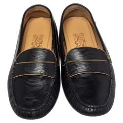 Salvatore Ferragamo Black Lizard Embossed Leather Slip On Loafers Size 40.5