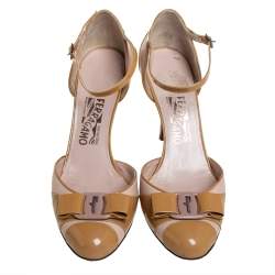 Pre Owned Salvatore Ferragamo Beige Patent Leather Bow Ankle Strap Sandals Size 40