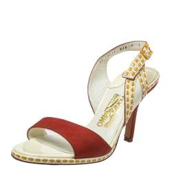Salvatore Ferragamo Orange/White Patent And Leather Slingback Sandals Size 39.5