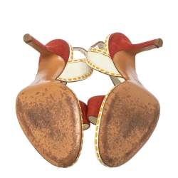 Salvatore Ferragamo Orange/White Patent And Leather Slingback Sandals Size 39.5