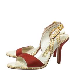 Salvatore Ferragamo Orange/White Patent And Leather Slingback Sandals Size 39.5