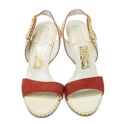 Salvatore Ferragamo Orange/White Patent And Leather Slingback Sandals Size 39.5