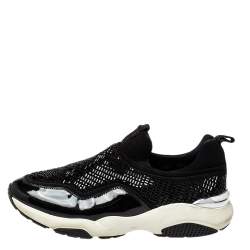 مملوكة مسبقًا Salvatore Ferragamo Black Fabric And Patent Leather Embellished Slip-on Sneakers Size 38.5