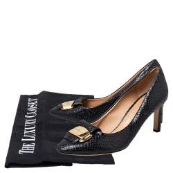 Salvatore Ferragamo Black Python Embossed Leather Logo Embellished Pumps Size 39.5
