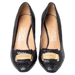 Salvatore Ferragamo Black Python Embossed Leather Logo Embellished Pumps Size 39.5