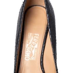 Salvatore Ferragamo Black Python Embossed Leather Logo Embellished Pumps Size 39.5