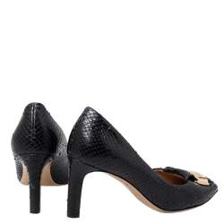 Salvatore Ferragamo Black Python Embossed Leather Logo Embellished Pumps Size 39.5