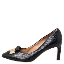 Salvatore Ferragamo Black Python Embossed Leather Logo Embellished Pumps Size 39.5