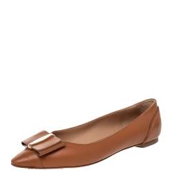 Salvatore Ferragamo Brown Leather Zeri Pointed Toe Ballet Flats Size 39.5