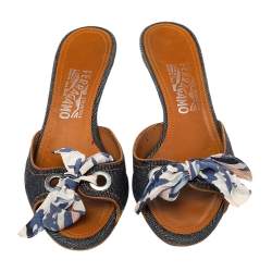 Salvatore Ferragamo Blue/Brown Denim And Leather Knot Slide Sandals Size 38.5
