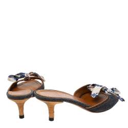 Salvatore Ferragamo Blue/Brown Denim And Leather Knot Slide Sandals Size 38.5