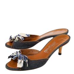 Salvatore Ferragamo Blue/Brown Denim And Leather Knot Slide Sandals Size 38.5