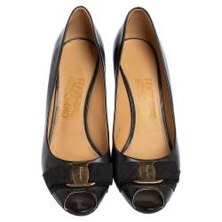 Salvatore Ferragamo Black Leather Pola Vara Bow Peep Toe Pumps Size 38.5