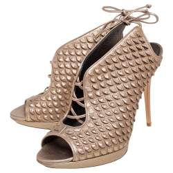 Salvatore Ferragamo Metallic Beige Python Embossed Leather Studded Slingback Sandals Size 39