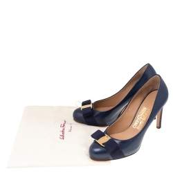 Pre Owned Salvatore Ferragamo Navy Blue Leather Pimpa Vara Bow Pumps Size 35.5