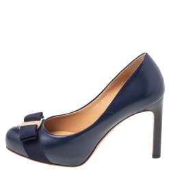 Pre Owned Salvatore Ferragamo Navy Blue Leather Pimpa Vara Bow Pumps Size 35.5
