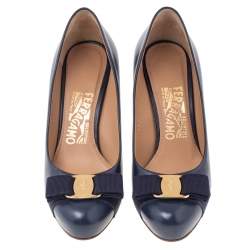 Pre Owned Salvatore Ferragamo Navy Blue Leather Pimpa Vara Bow Pumps Size 35.5